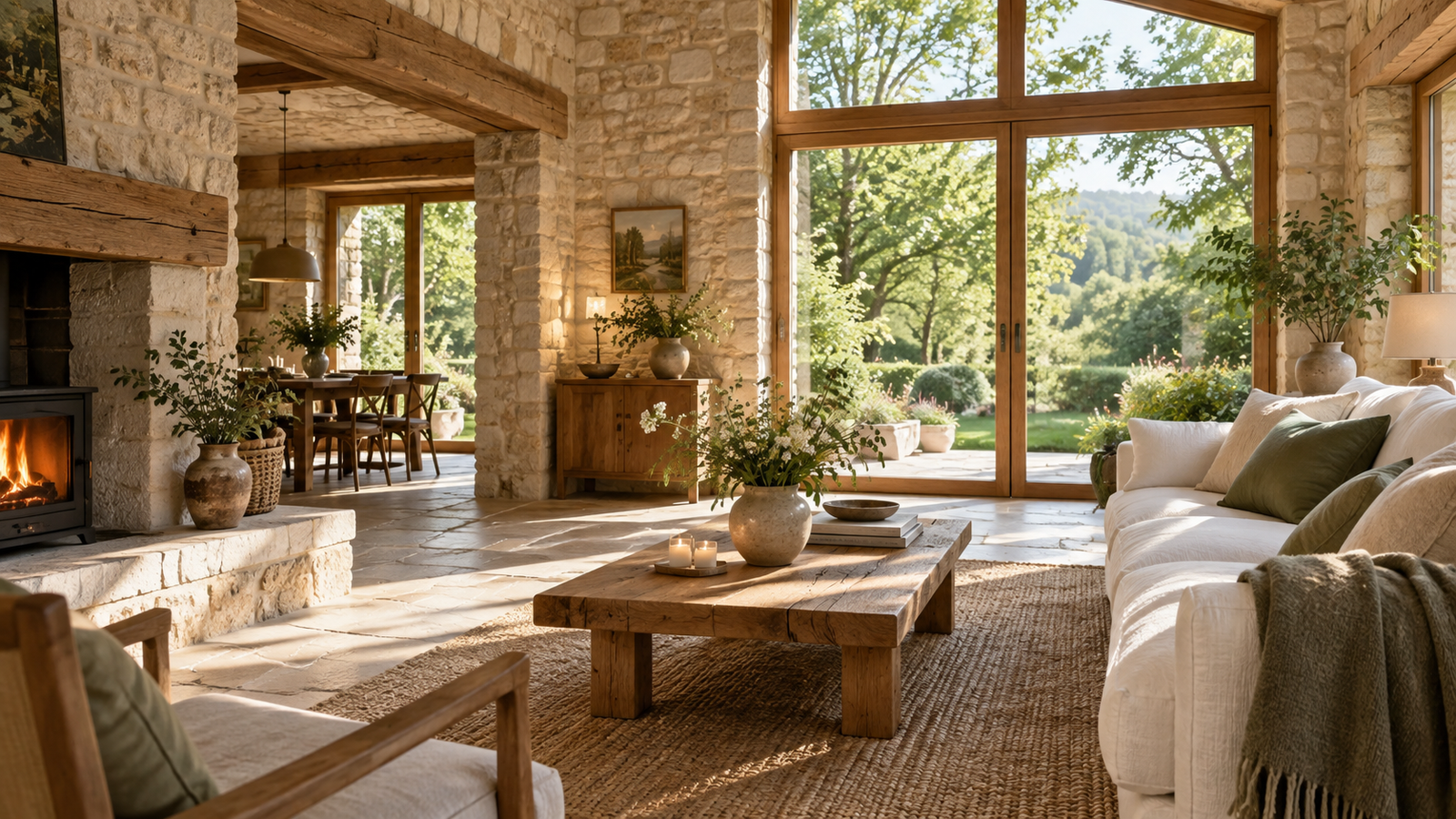 Ambiance d’un gîte lumineux : pierre naturelle, canapé en lin et vue sur le jardin
